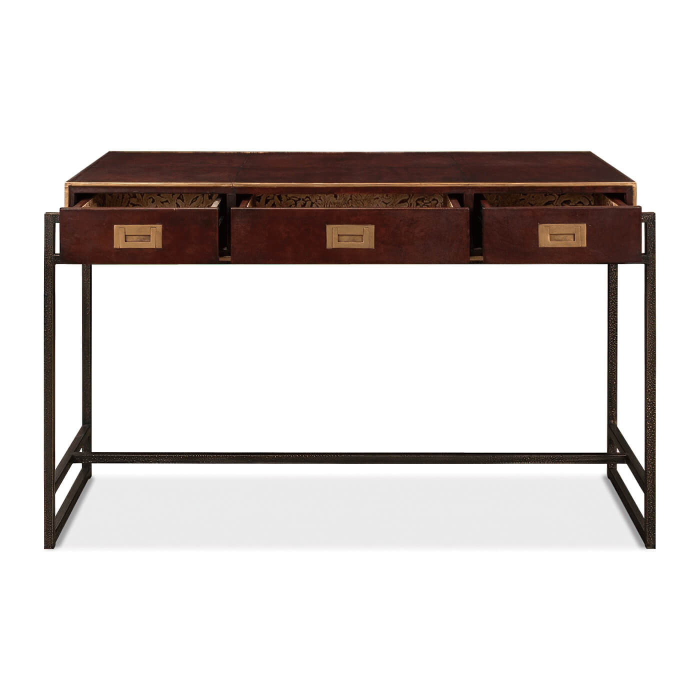 Drawers open on modern industrial leather desk.