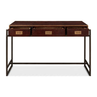 Drawers open on modern industrial leather desk.