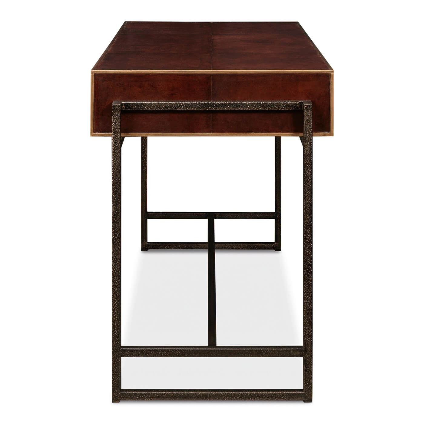 Side profile view of industrial leather desk.