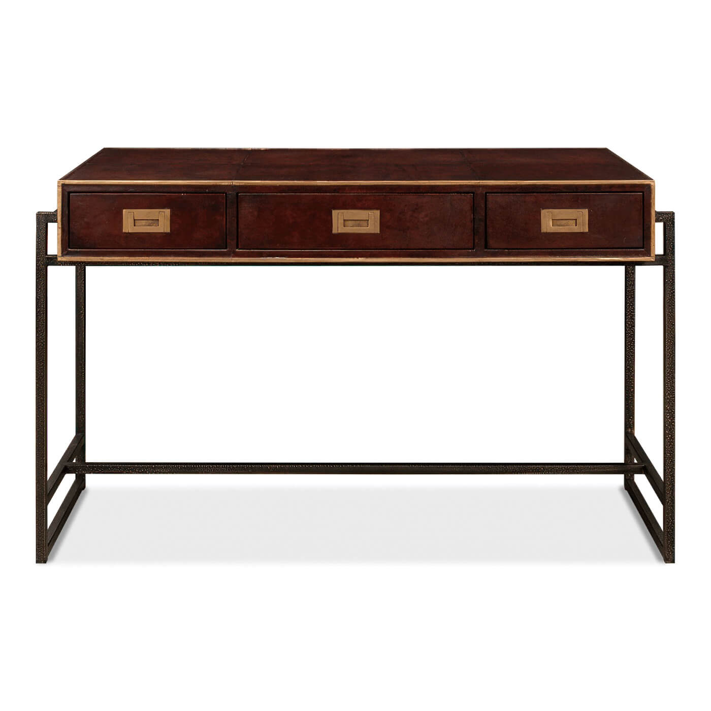 Front view showing drawers of leather desk.