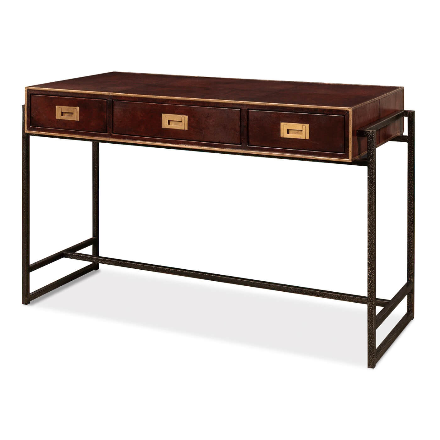 Side view of modern industrial leather desk.