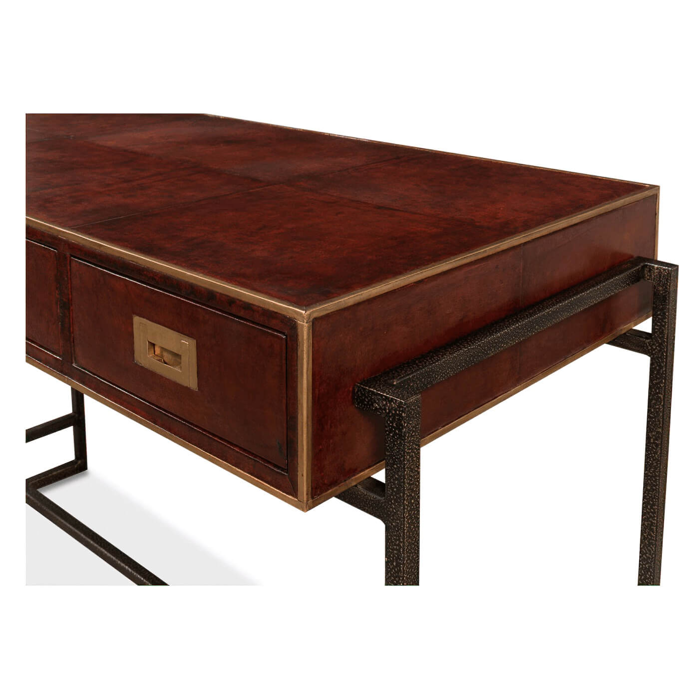 Close-up of drawer and frame on leather desk.