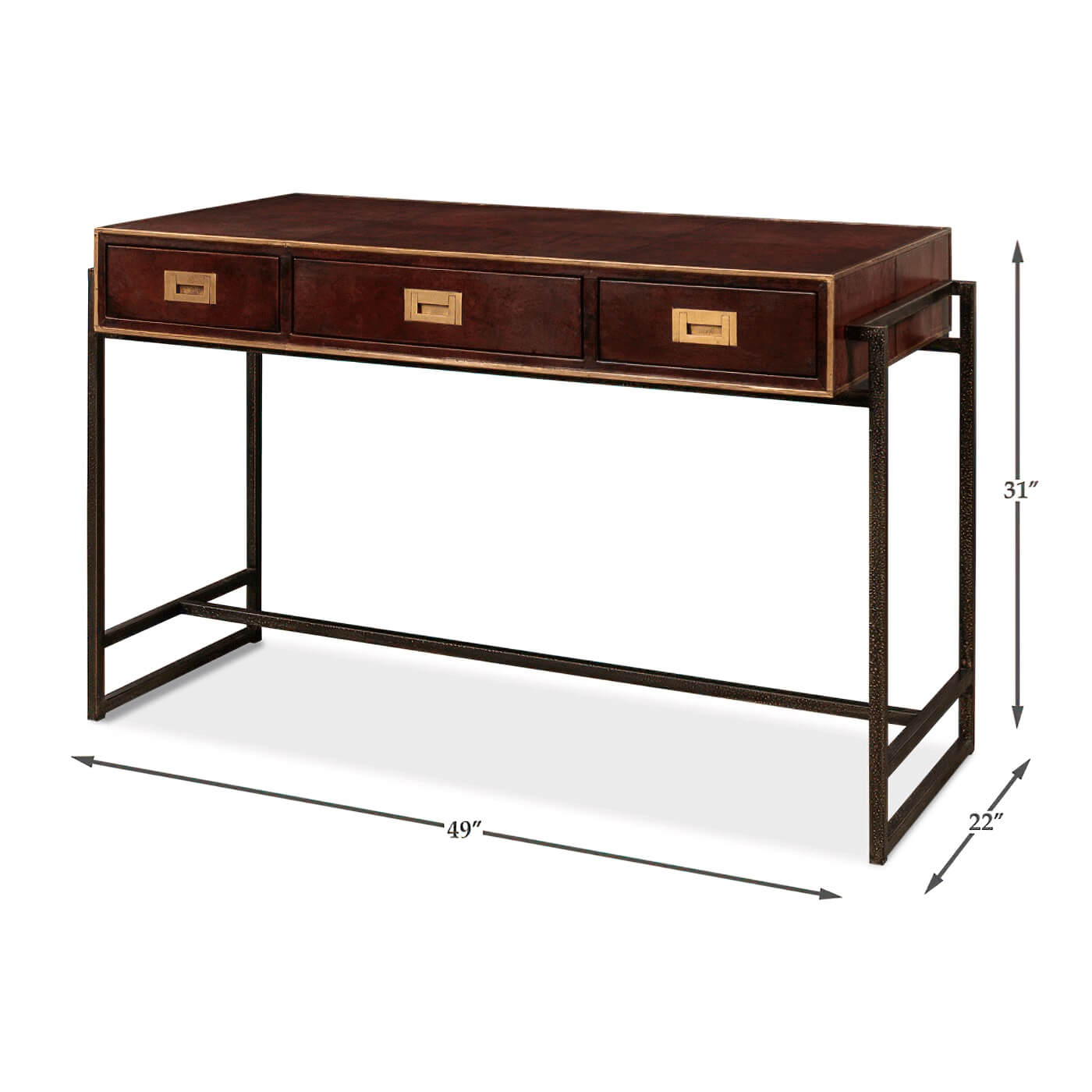 Dimensions of modern industrial leather desk shown.