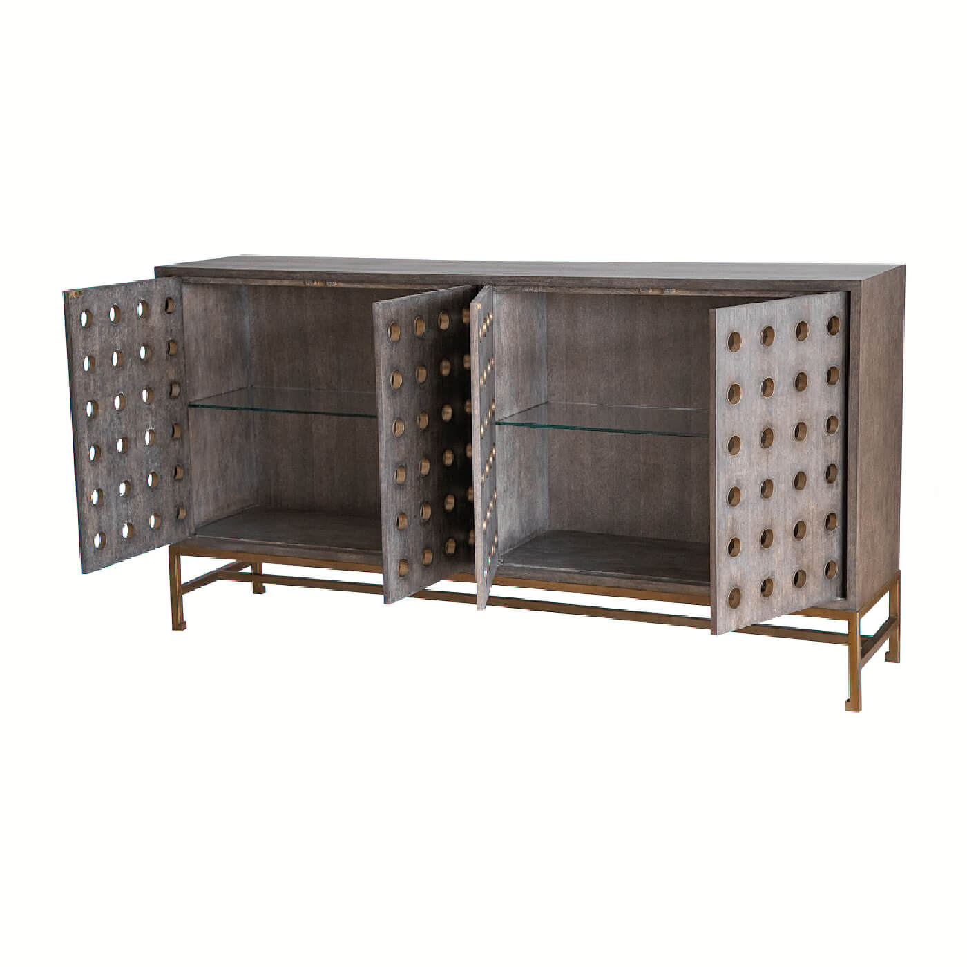 Interior view of modern sideboard with open doors.