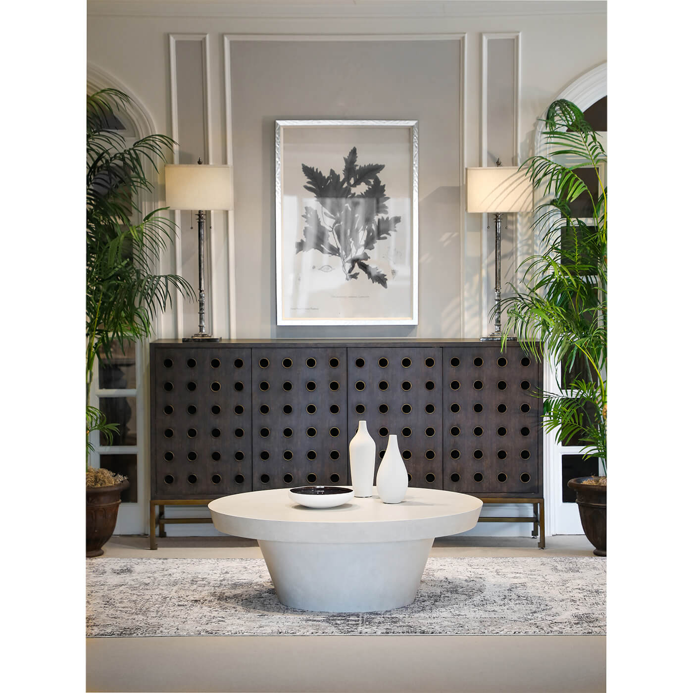 Modern industrial sideboard in elegant living room setting.