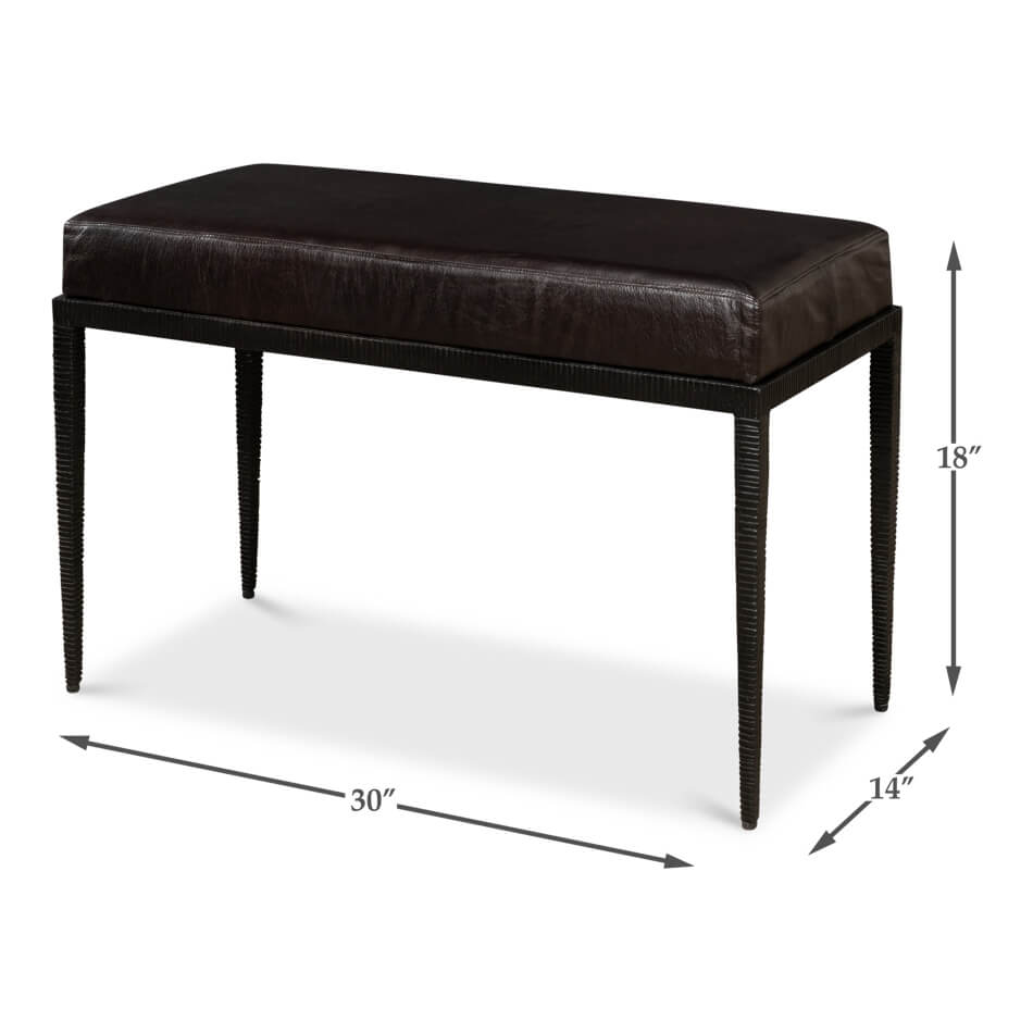 Dimensions illustration of iron and leather bench.