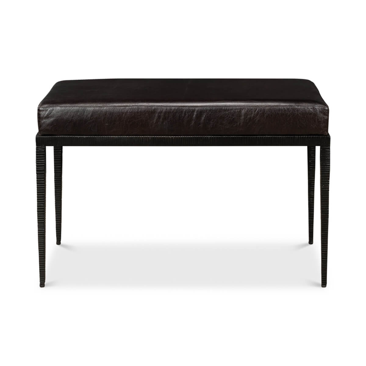 Front view of modern iron and leather bench.