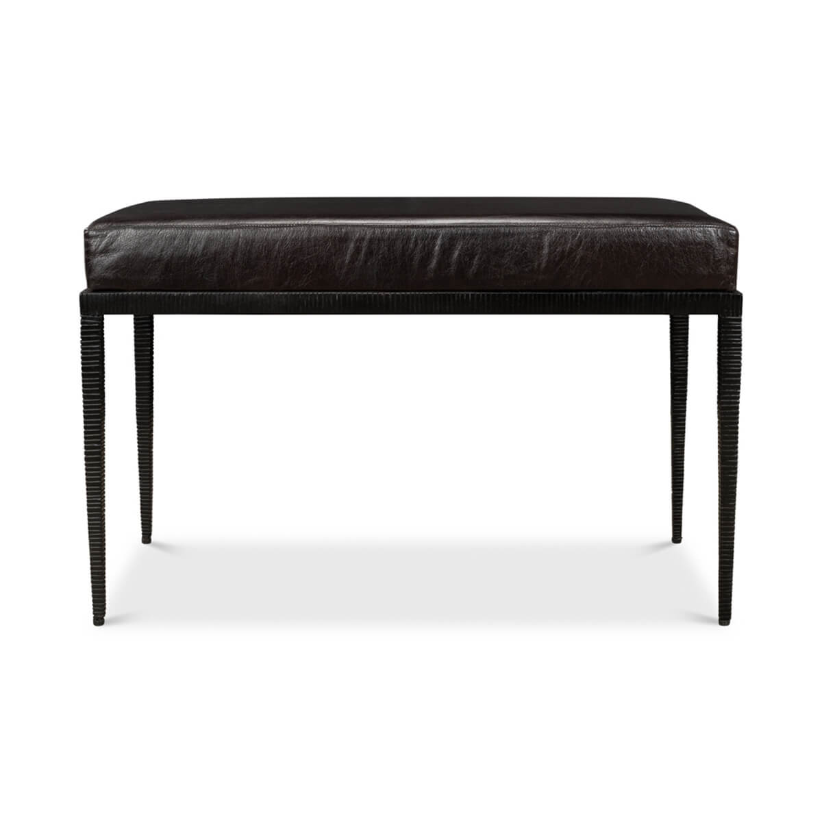Straight-on front view of iron and leather bench.