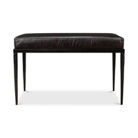 Straight-on front view of iron and leather bench.