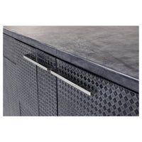 Detailed view of credenza handles on textured surface.