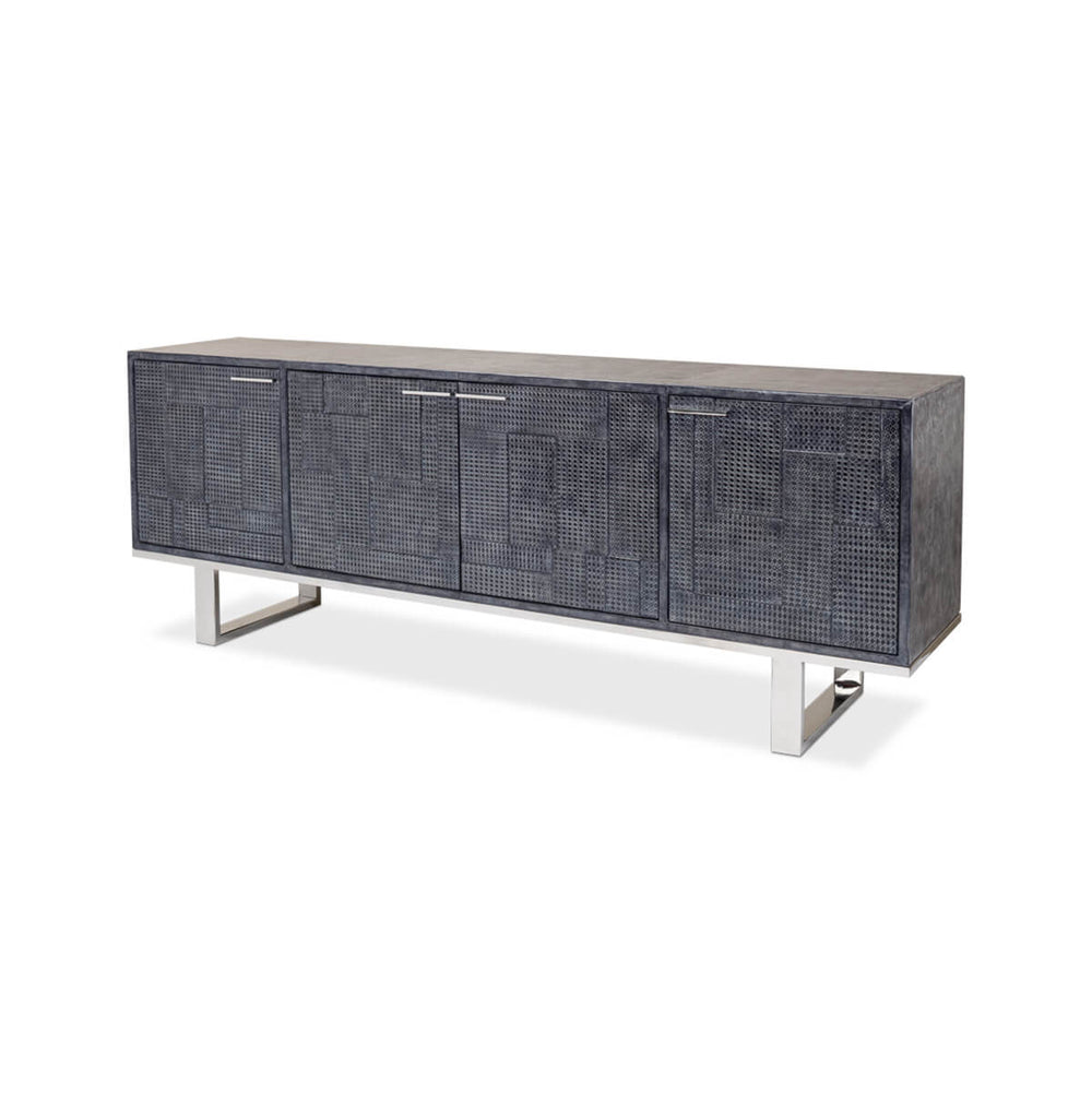 Leather-wrapped credenza, angled view, sleek design.