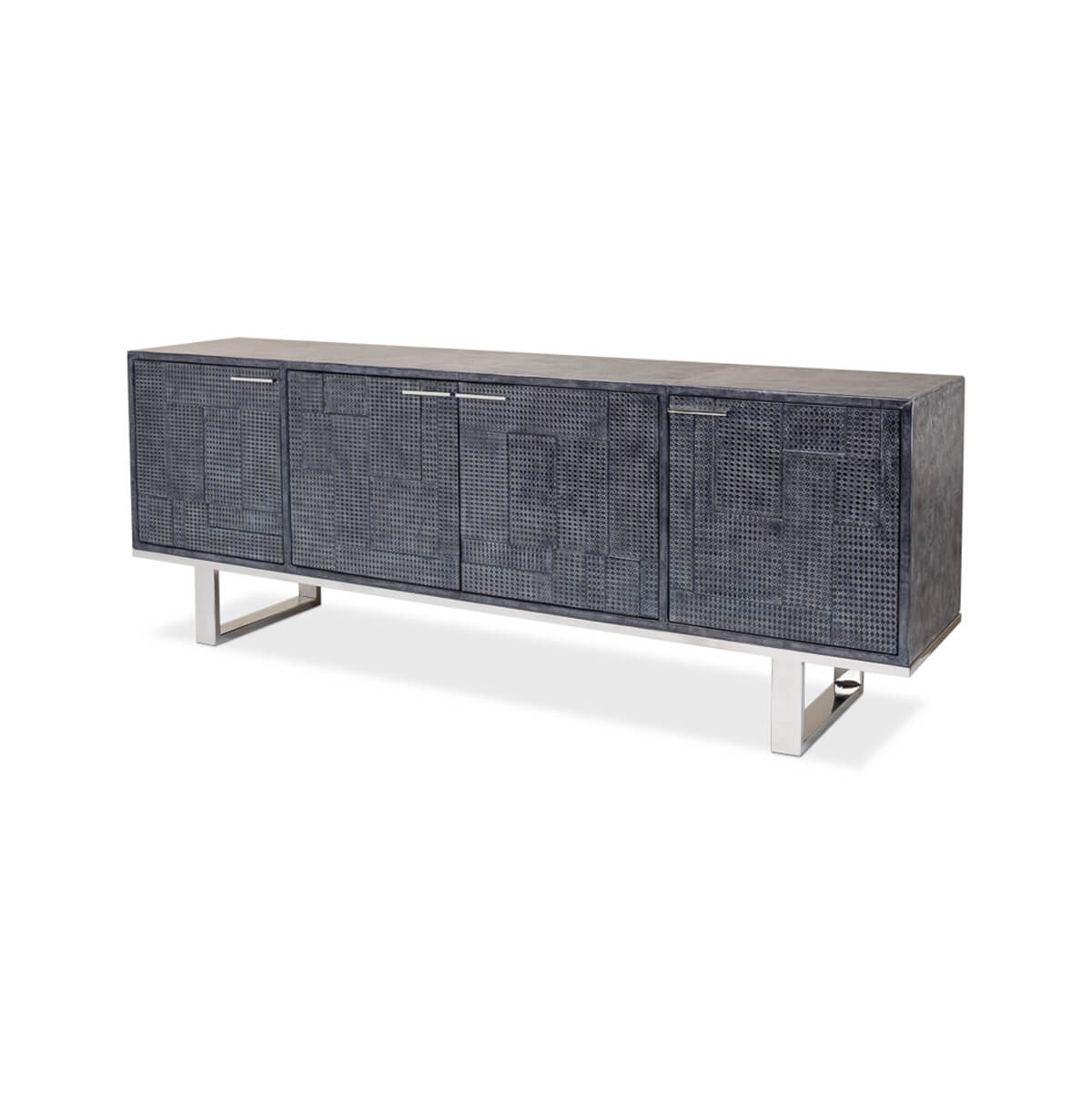 Leather-wrapped credenza, angled view, sleek design.