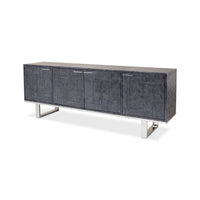 Leather-wrapped credenza, angled view, sleek design.
