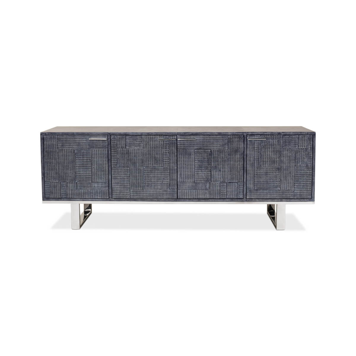 Front view of leather credenza, four-door design.