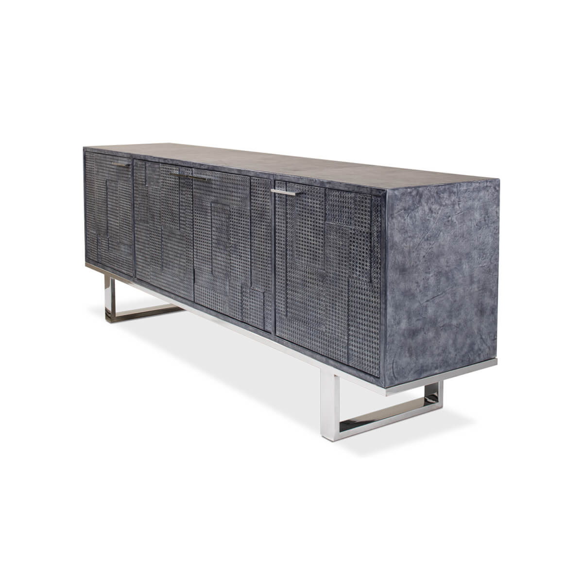 Side angle of leather credenza with metal legs.