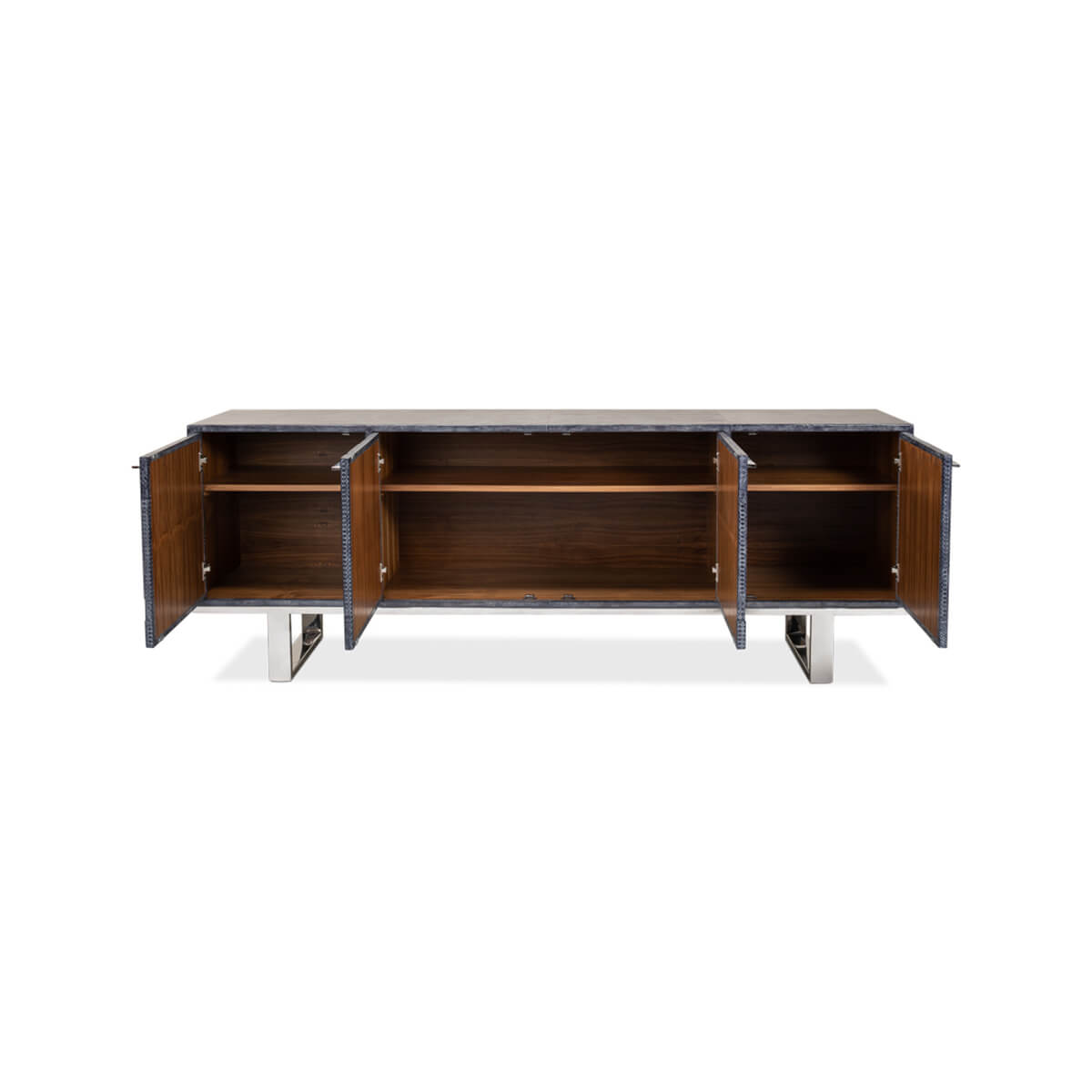 Open credenza revealing interior shelves.