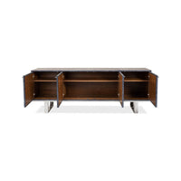 Open credenza revealing interior shelves.
