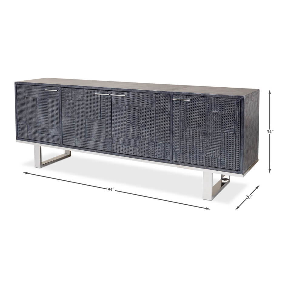 Dimensions displayed for modern leather credenza.