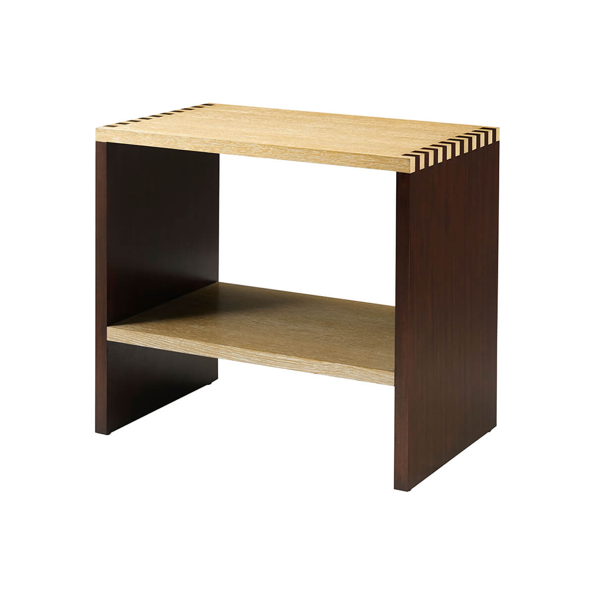 Modern jointed end table with light wood top view.