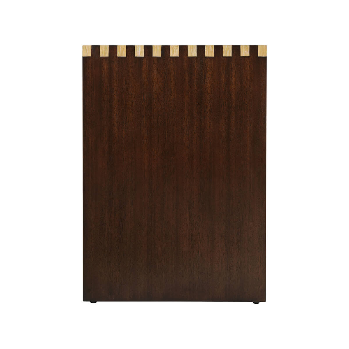 Side view of end table highlighting dark wood panel.