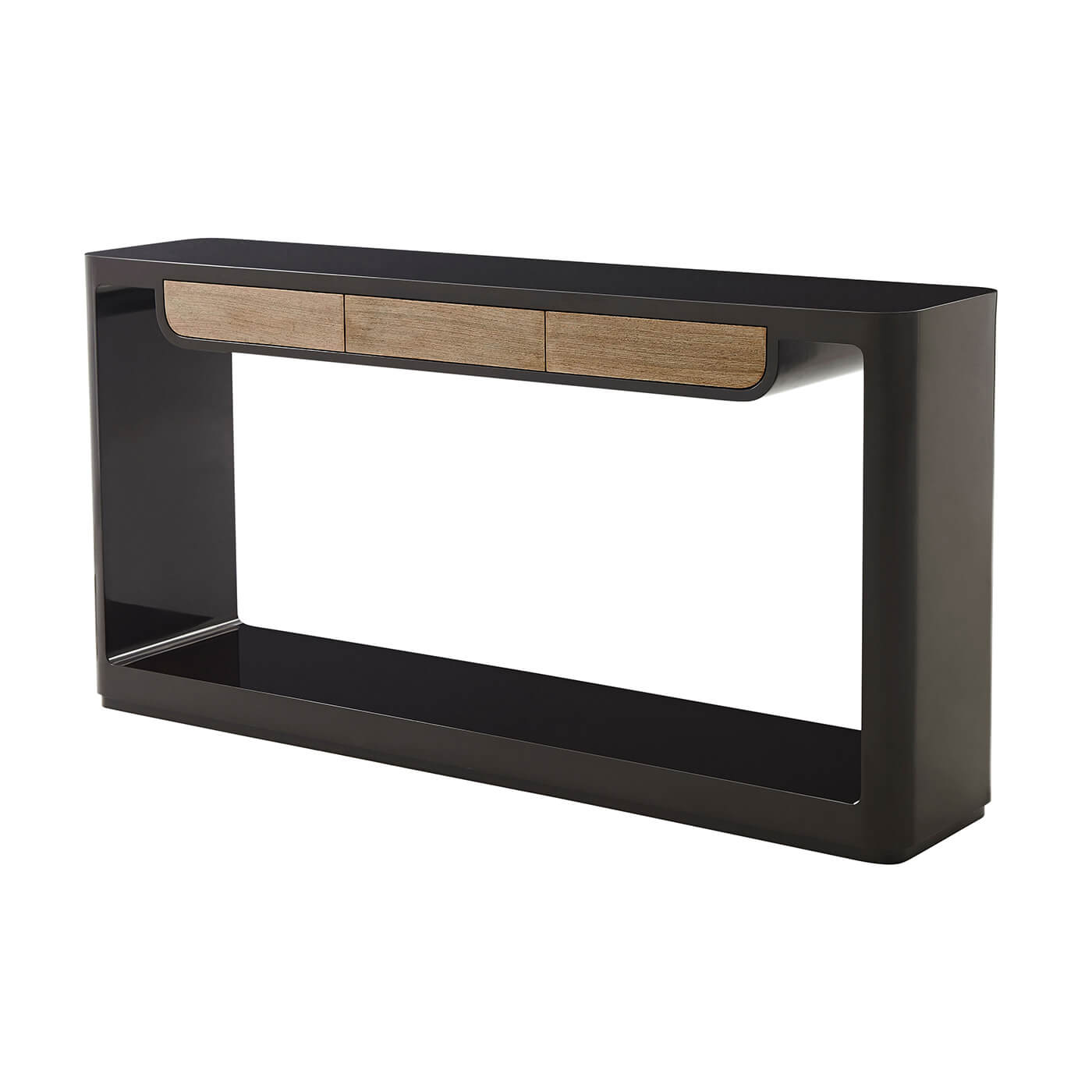 Modern lacquered console table, full view, sleek design.