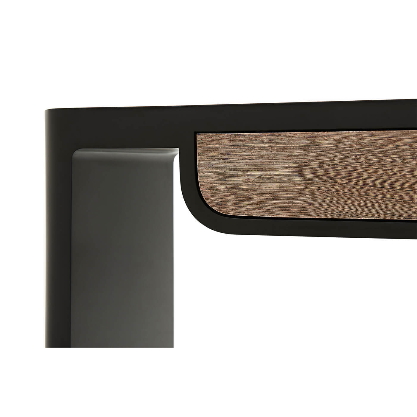 Corner close-up of modern lacquered console with wood accent.