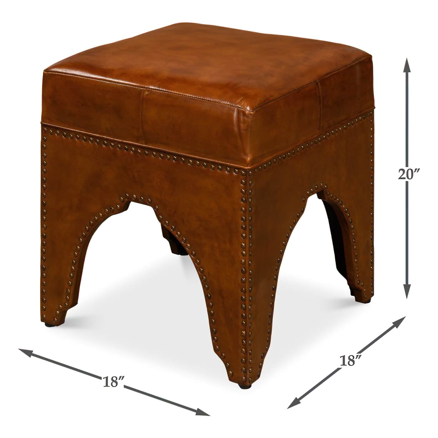 Dimensions displayed on leather ottoman with arch base.