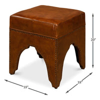 Dimensions displayed on leather ottoman with arch base.