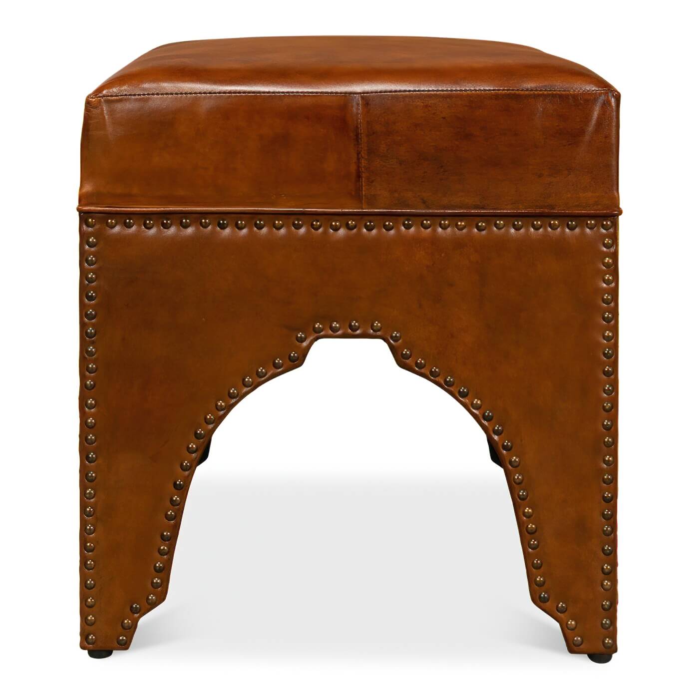 Front view of modern leather ottoman, rivet detailing.