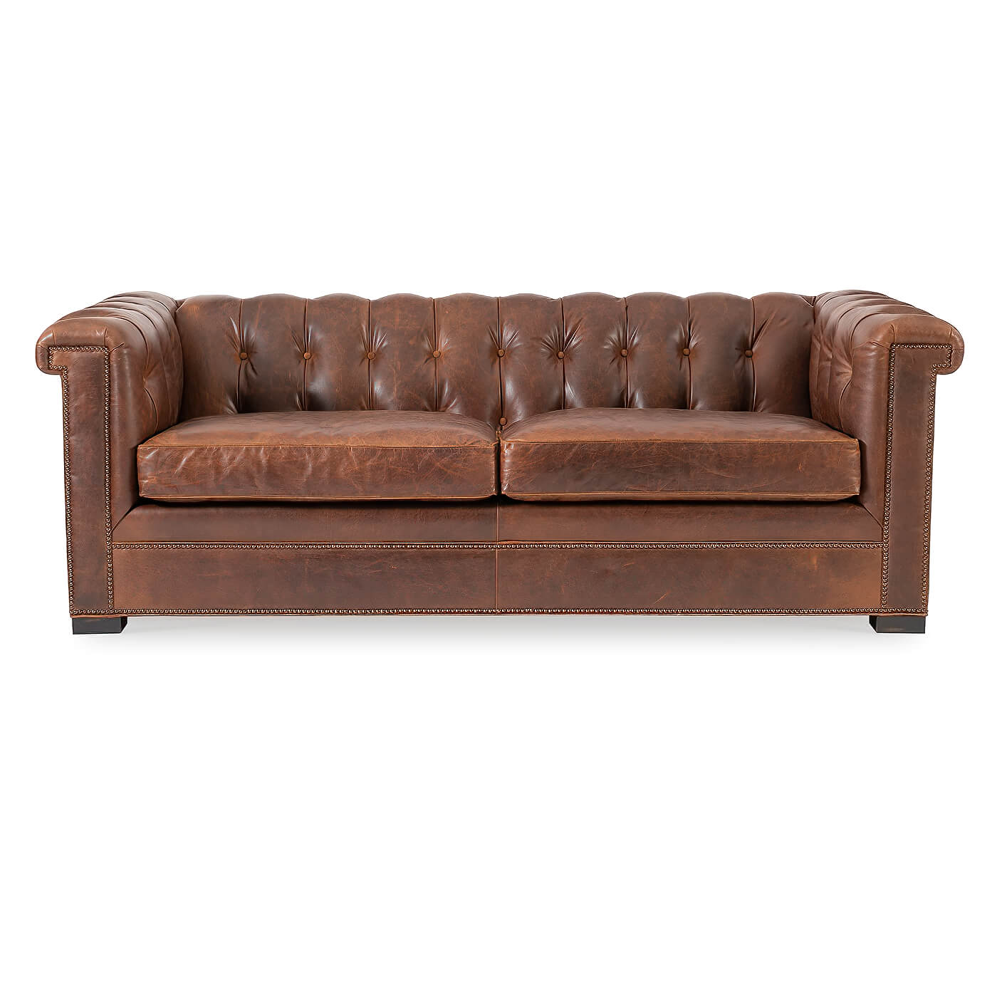 Brown leather Chesterfield sofa, front view