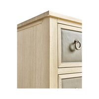 Side angle of leather chest of drawers.