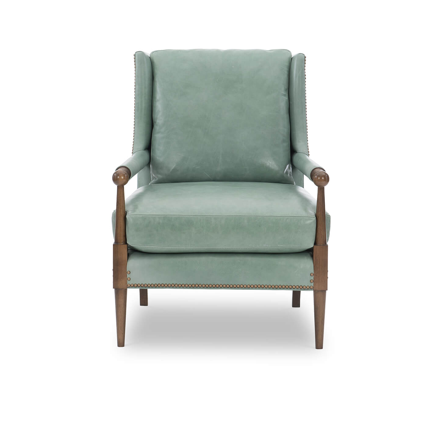 Front-facing green leather armchair with cushion detail.