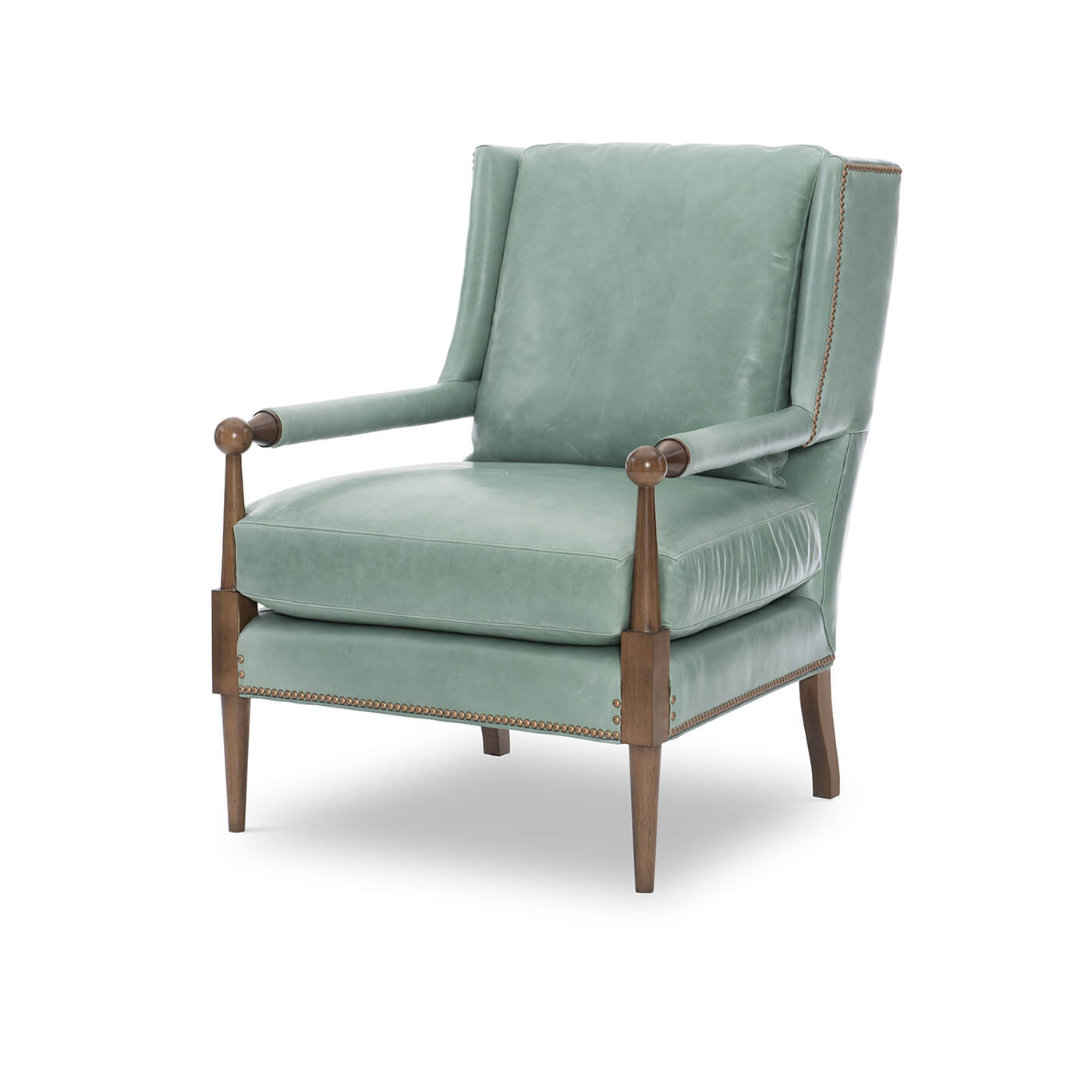 Angled view of green modern leather armchair.