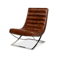 Modern leather lounge chair angled view, chrome base.