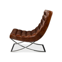Side profile of modern leather lounge chair, curved design.