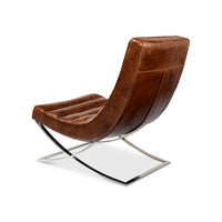 Rear angle of modern leather lounge chair, chrome and leather.