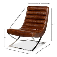 Modern leather lounge chair dimensions and measurements illustration.