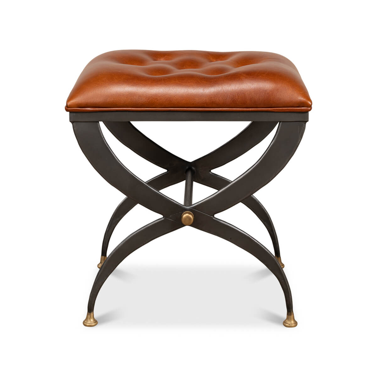 Front view of leather seat stool, X-shaped legs visible.