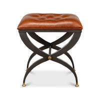 Front view of leather seat stool, X-shaped legs visible.