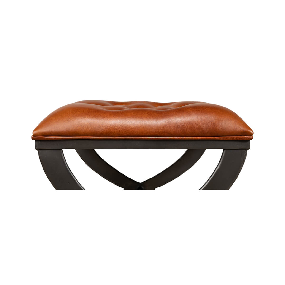 Profile view, leather stool with curved legs.