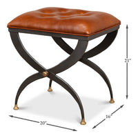 Stool dimensions, highlighting leather seat, and elegant design.