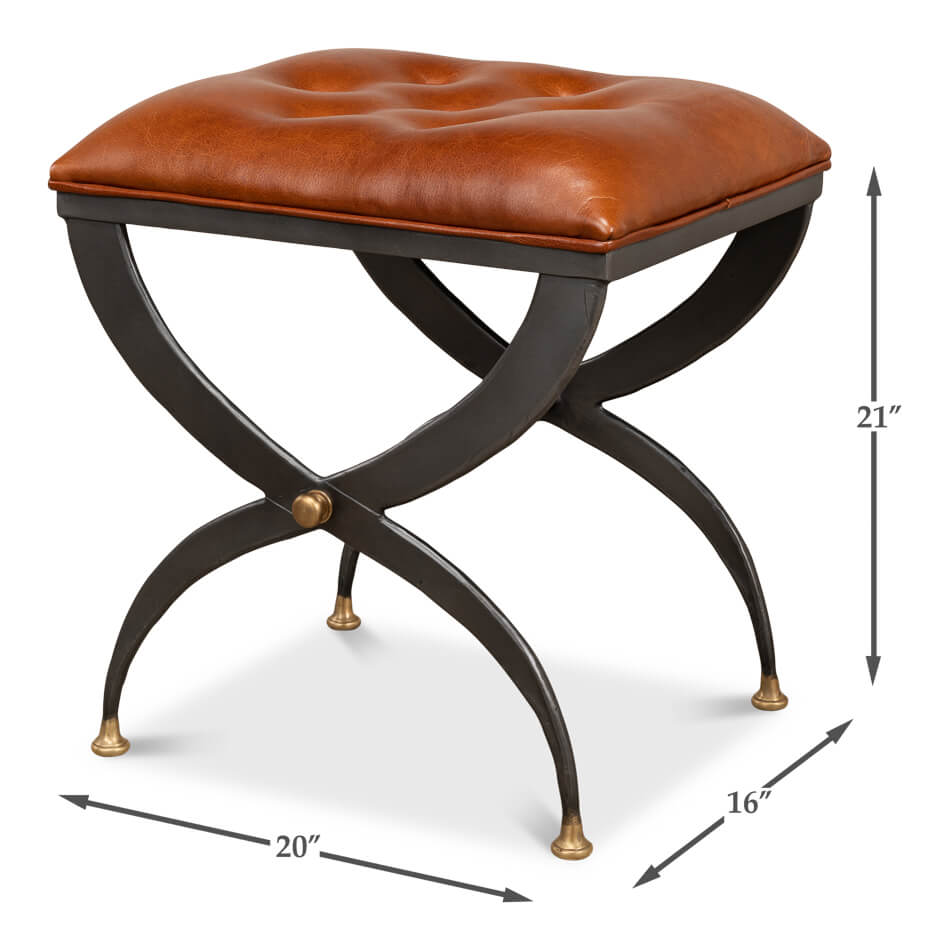 Stool dimensions, highlighting leather seat, and elegant design.