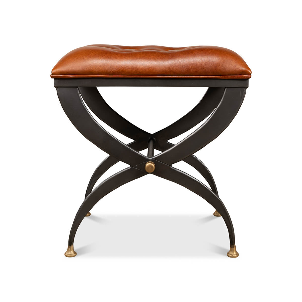 Stool, front angle, highlighting leather seat and legs.