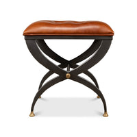 Stool, front angle, highlighting leather seat and legs.