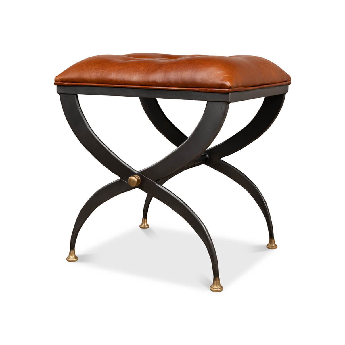 Side perspective of stool, emphasizing leather and metal.
