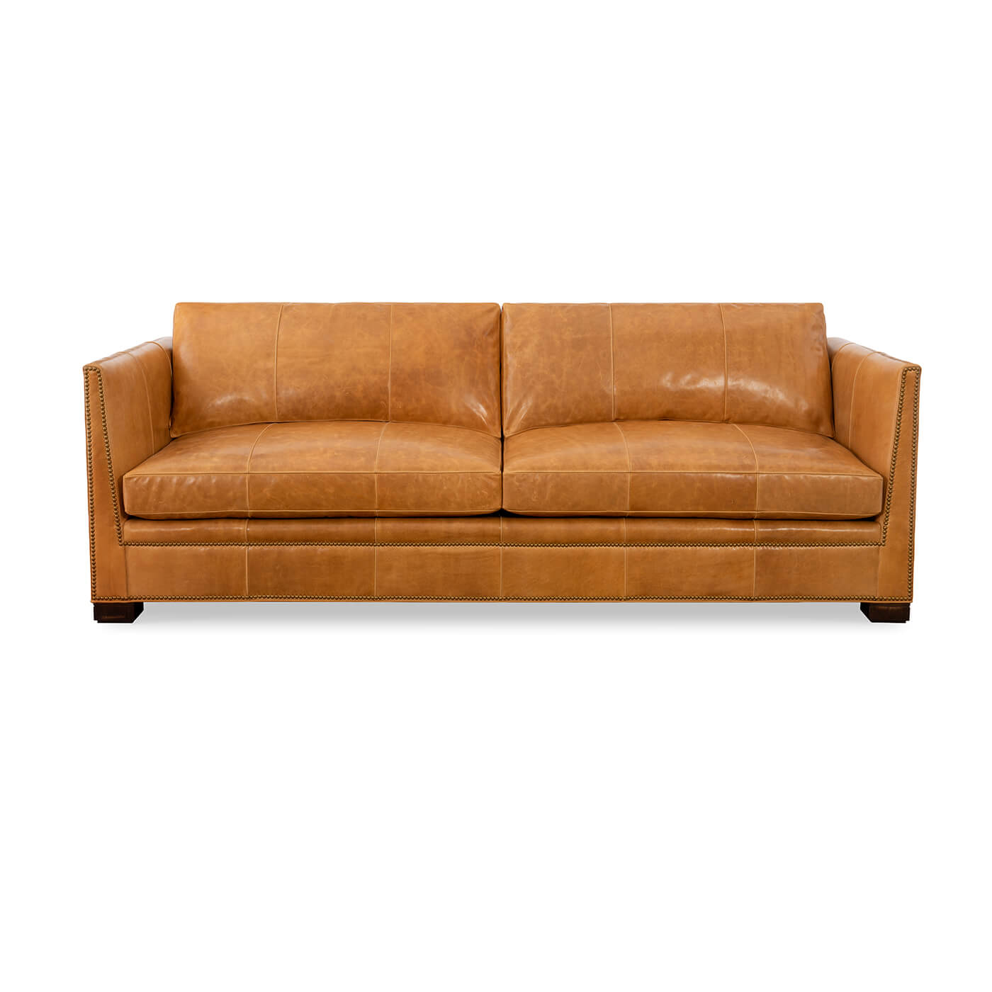 Front view of tan leather sofa, minimalist design.