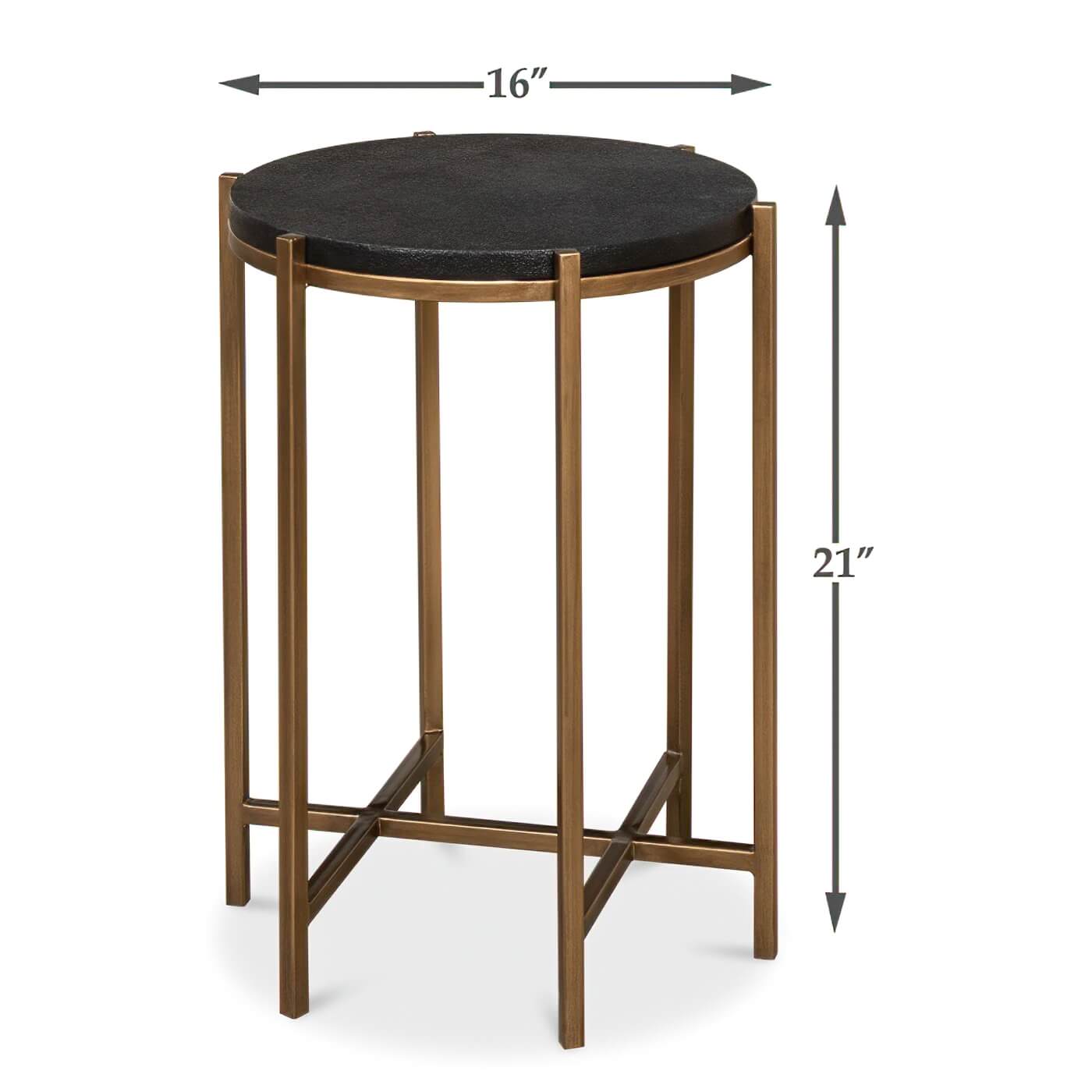 Modern accent table with measurements, leather top details.