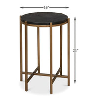 Modern accent table with measurements, leather top details.