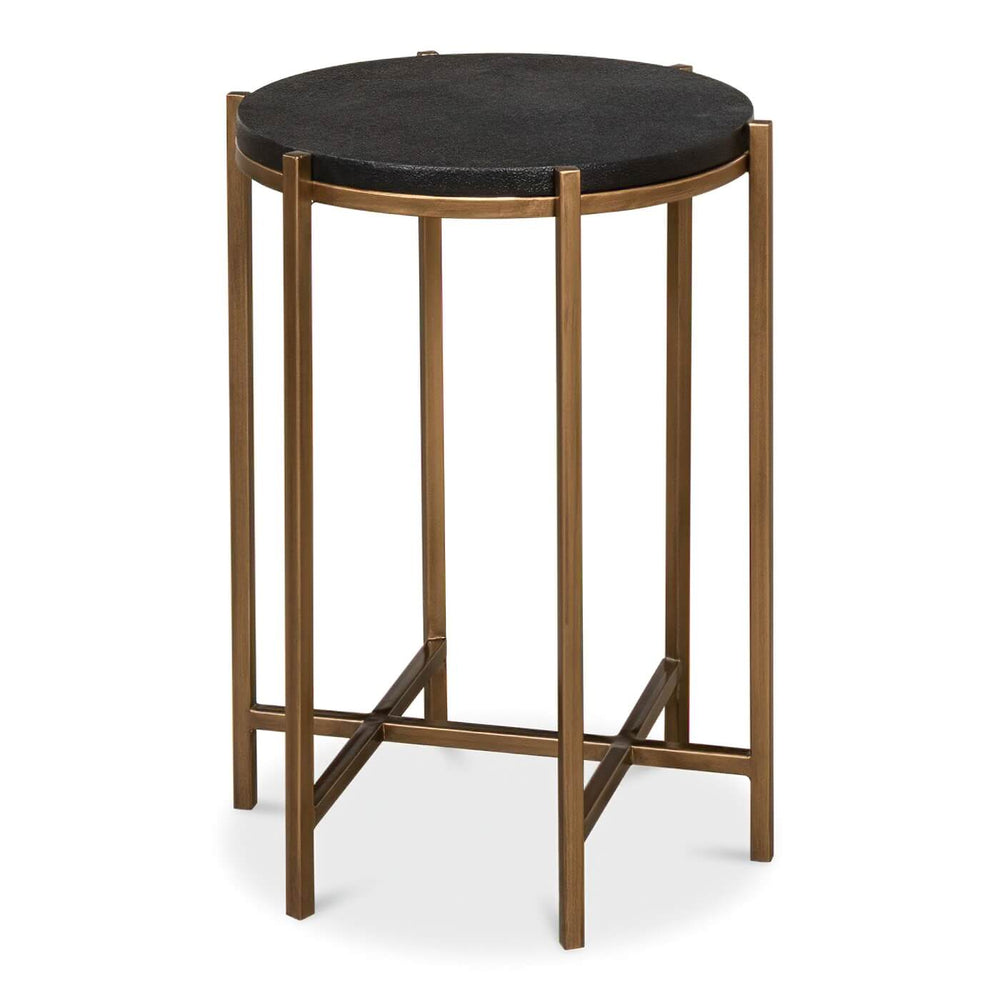 Round accent table with black leather top, gold frame.