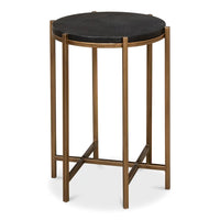 Round accent table with black leather top, gold frame.